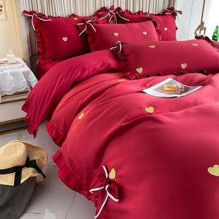 少女公主爱心刺绣，婚庆四件套大红色床单被套全棉，纯棉结婚床上用品