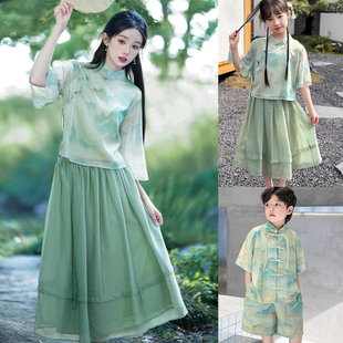 幼儿园表演服走秀新中式中国风，亲子装一家三口母子装汉服夏季