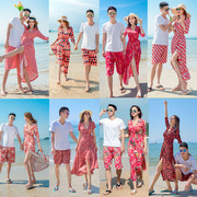 沙滩情侣装两件套装连衣裙，海边蜜月裙度假泰国三亚裹身裙条纹长裙