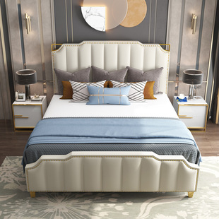 轻奢真皮床主卧室婚床1.8米双人床，高箱储物ins网红床港式皮艺软床