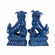 景德镇陶瓷中式深蓝色绿色狮子狗动物雕塑一对中式客厅装饰摆件