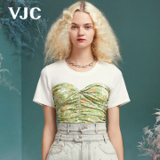 VJC/威杰思女装春夏短款上衣印花复古短袖弹力甜美绿色