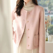 双面羊绒大衣女短款2023韩版小香风单排扣圆领减龄羊毛呢外套
