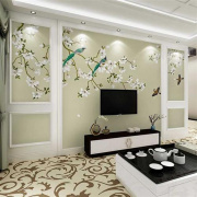 电视背景墙壁纸现代中式客厅，卧室影视墙手绘花鸟墙纸，定制壁画墙布