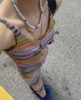 Exclusive 韩国复古民族风彩虹条纹拼色长款显瘦针织吊带连衣裙女