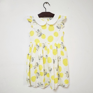 欧单白黄色(白黄色)柠檬，图案春夏短袖娃娃领出游出外女童休闲连衣裙公主裙