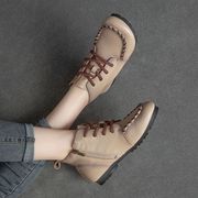 秋冬季民族复古风真皮，软底小皮靴，女平底舒适侧拉链时尚马丁靴