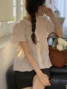 韩国东大门衬衫纯色褶皱金扣雪纺短袖气质温柔短袖白色小衫夏季