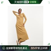 香港直邮潮奢 ASOS 女士 设计柔软罗纹水手领长袖驼色中长连衣裙
