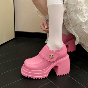 10cm厚底粗跟高跟鞋春季真皮方头，单鞋糖果色可爱粉色小个子鞋