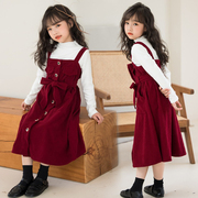 女童连衣裙春秋2023韩版两件套灯芯绒背带裙中大儿童套装裙子