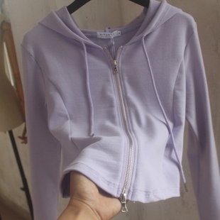 香芋紫纯棉针织短外套，女长袖磨毛春秋衫，大码修身短款运动休闲上衣