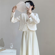 新中式国风白色长袖衬衫，吊带洋装女秋冬改良旗袍伴娘服长裙套装