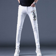 香港男士高端刺绣烫钻印花白色牛仔裤，男潮牌修身小脚弹力时尚裤子