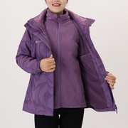 时尚印花妈妈装秋冬外套，女士中老年大码冲锋衣，两件套加厚绒保暖紫