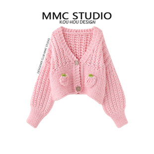 MMC 草莓可爱粉色棒针开衫女甜美风短款慵懒宽松毛衣外套加厚上衣
