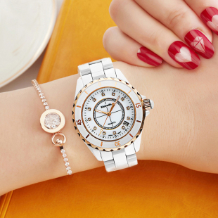 卡瑞达韩版陶瓷手表，女大表盘黑白色，防水满钻女表时装表大气