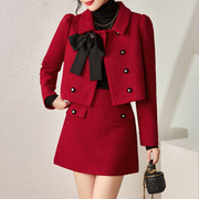 honb红贝缇名媛精致粗花呢，蝴蝶结外套+半身，短裙小香风红色两件