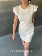 chavi韩国2023年春女装复古仿珍珠链，装饰廓形高腰连衣裙短裙