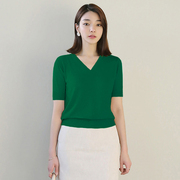 冰丝针织衫短袖t恤女夏季2023女士休闲绿色v领上衣薄款打底衫