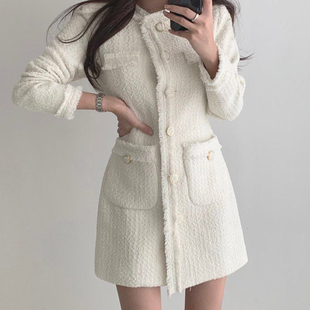 韩国chic法式优雅圆领流苏边设计单排扣收腰口袋长袖粗花呢连衣裙