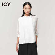 icy女装简约纯色风琴，压褶拼接透视网眼，白色蕾丝衬衫上衣