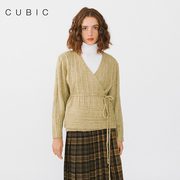 cubic英伦风宽松系带设计v领套头，休闲针织毛衣