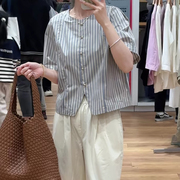 小个子衬衫女短袖韩版竖条纹夏季圆领文艺风金扣气质衬衣上衣