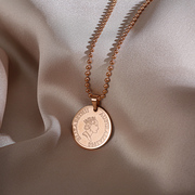 网红款毛衣链长款2023年韩国时尚硬币金币项链高档钛钢玫瑰金