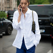 刘雯同款白色棉麻长袖衬衫，2023早秋修身显瘦极简风百搭上衣女