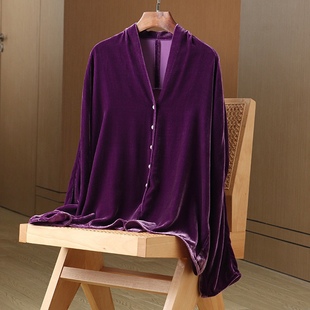 真丝绒衬衫紫色蝙蝠袖肩部抽褶南油