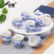 曼缘陶瓷茶盘托盘圆形茶台家用干泡茶托储水双层功夫茶具套装青花
