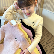 女童加绒中领毛衣冬装2024儿童，一体绒保暖上衣纯色针织打底衫