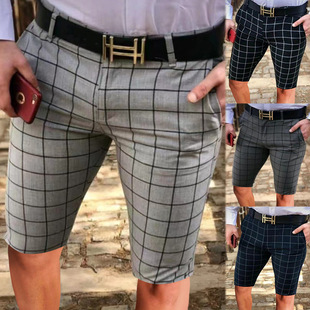 商务男式格子高腰直筒西装短裤Men's business plaid suit shorts