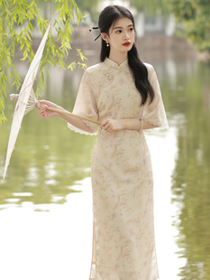 新中式改良少女提花，旗袍2023年夏季优雅气质温柔碎花，长款连衣裙