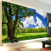 3d田园风景大树墙纸客厅沙发，电视背景墙壁纸蓝天，草地壁画无缝墙布