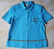瑕疵外贸亚麻女士衬衫，麻料短袖上衣，钉珠蓝色-4003