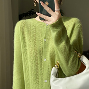 春季圆领镂空薄款100%纯羊毛开衫女纯色麻花气质宽松针织外套毛衣