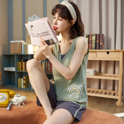 夏季睡衣女纯棉可爱无袖背心，韩版卡通两件套装薄款夏天宽松家居服
