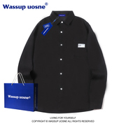WASSUP黑色长袖衬衫男女秋日系宽松衬衣情侣装外套设计感上衣