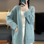 韩版中长款V领100%纯羊绒开衫女宽松带兜外套毛衣百搭羊毛针织衫