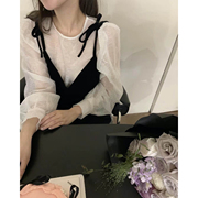 秒发!小性感韩国设计款，白色圆领雪纺，长袖小衫+系带吊带两件套女