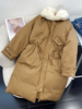 2.9斤冬季卡其色保暖羽绒服长袖毛领宽松中长款大衣时尚休闲洋气
