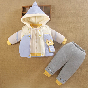 0一1岁男宝宝秋冬装外套童，加厚棉衣外出分体款，婴儿服袄三件套装季