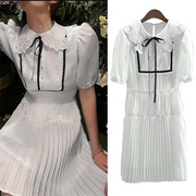 夏欧美大牌同款高端轻奢减龄蕾丝娃娃领白色连衣裙撞色系带洋气裙