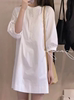 欧货简约白色衬衫连衣裙，女夏设计感小众，小个子气质圆领单排扣裙子