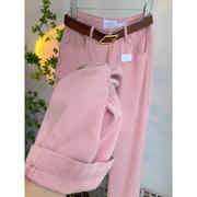 粉色牛仔裤2024年女春季大码梨形，身材直筒显瘦高腰窄版阔腿裤