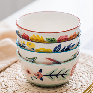 日式四季主题陶瓷家用米饭碗吃饭碗斗笠碗手绘可爱餐具好看个性碗