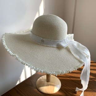 复古赫本风度假超大檐帽白色，毛边飘带草帽夏季海边沙滩防晒优雅女