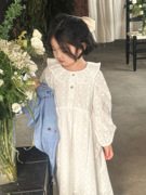 女童韩系甜美娃娃领收腰长袖连衣裙2024春夏季薄款白色长裙子